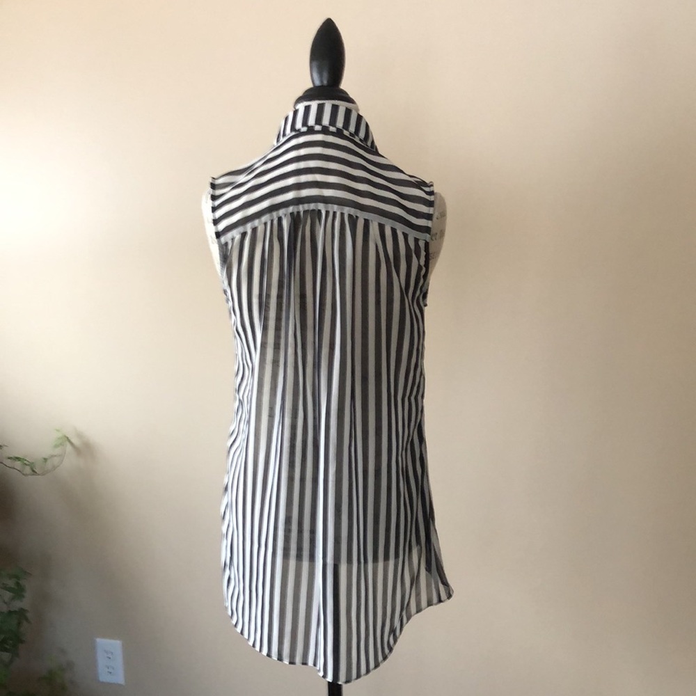 Sheer Striped Sleeveless Blouse, Black & White (Size Small)